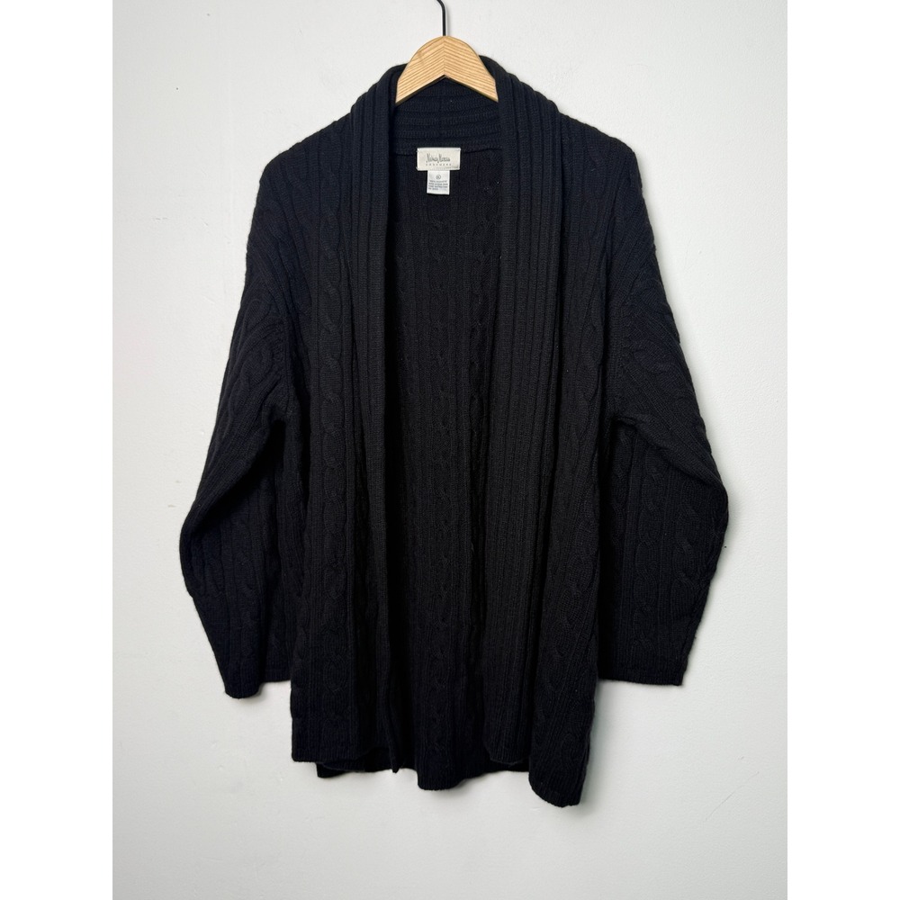 Neiman Marcus Cashmere Cardigan XL Black Cable Knit Shawl Collar Open Sweater